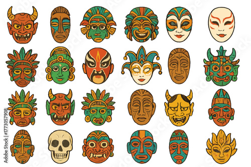 Colorful collection of artistic masks from diverse cultures showcasing different emotions and designs in various styles