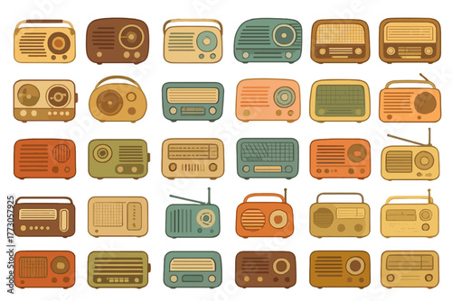 Various retro radios displayed in an artistic arrangement showcasing diverse designs and colors