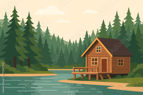 Charming wooden cabin nestled by serene river in lush forest landscape during daylight hours