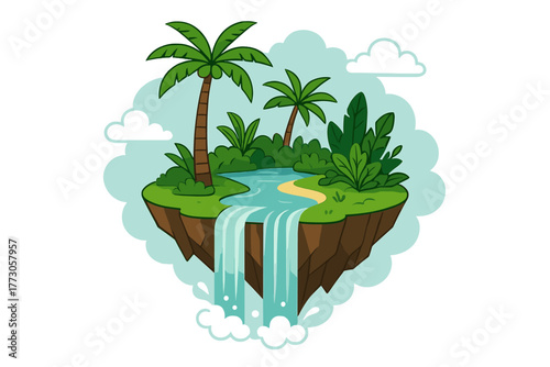 Serene floating island with palm trees and cascading waterfall surrounded by lush greenery