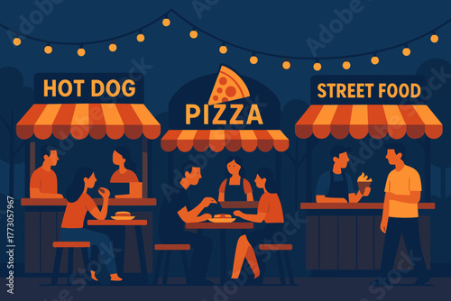 Food stands with hot dogs, pizza, and desserts in a lively evening market