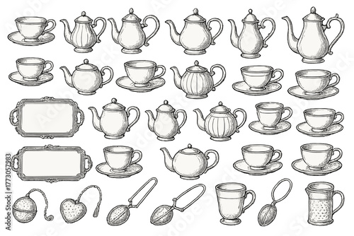Collection of elegant tea sets and accessories displayed on a white background showcasing intricate designs and styles