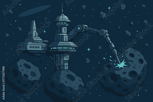Space station mining asteroids in a futuristic setting under a starry sky