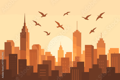 City skyline at sunset with birds flying over tall buildings in warm orange and brown tones