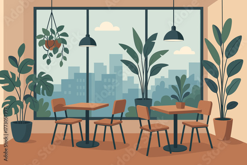 Cozy indoor cafe with plants and city view during daytime