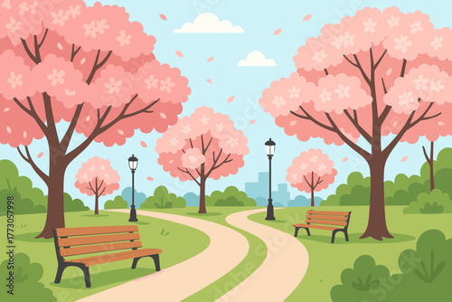Beautiful spring day with cherry blossom trees lining a tranquil park pathway in a cityscape
