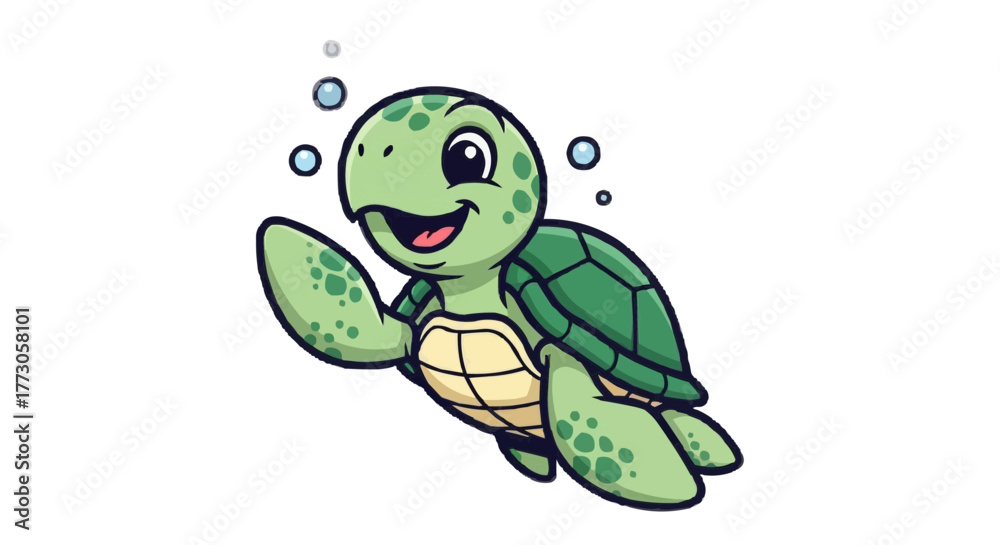 Obraz premium A cheerful, cartoon-style sea turtle swims in clear water, surrounded by bubbles, radiating joy and peace underwater.