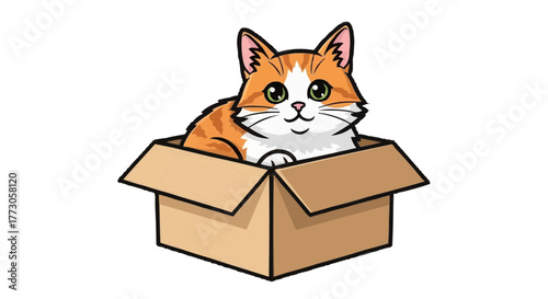 An adorable cartoon orange tabby cat sits snugly inside a cardboard box, looking forward with a gentle smile.
