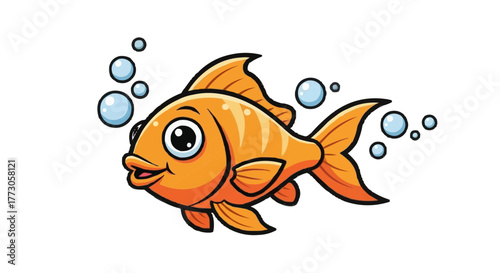 A cartoon depiction of a bright orange goldfish surrounded by bubbles, set against a solid transparent background. 