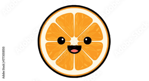 A cartoon orange slice with a cute face smiles against a transparent background, creating a vibrant and playful image.