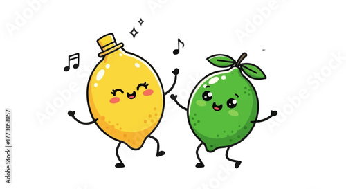 A joyful lemon in a top hat and a cheerful lime are dancing to the music, sharing smiles and radiating happiness.