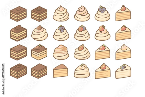Delicious assortment of sweet desserts displayed neatly on a white background