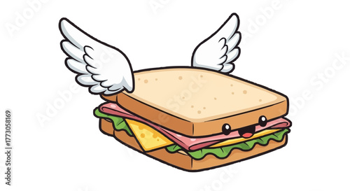 A cartoon sandwich with angel wings, lettuce, cheese, and meat is smiling. It is against a transparent background.