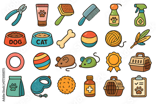 Fun and colorful pet supplies and accessories illustrated for dogs and cats in a playful arrangement