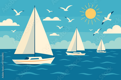 Sailboats gliding across calm waters under a bright sun with birds soaring in a clear blue sky