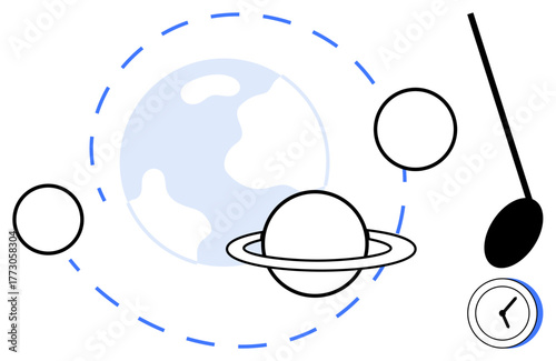 Earth with orbit lines, Saturn, two planets, pendulum, clock. Ideal for space studies, astronomy, science physics exploration time innovation. A simple flat metaphor