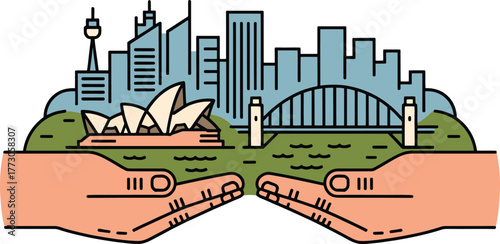 Sydney city overview with opera house and harbor bridge on hands and green landscape