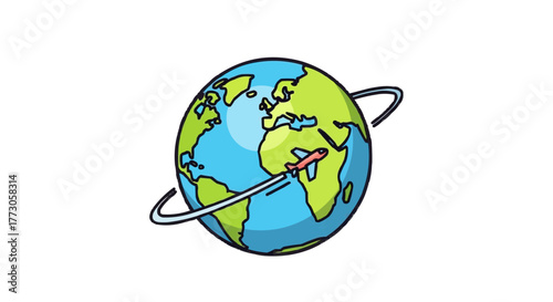 Cartoon globe featuring blue oceans and green continents with a plane flying around it, on a transparent background.