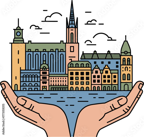 Stockholm City Skyline hands holding Swedish capital Gamla Stan urban buildings water