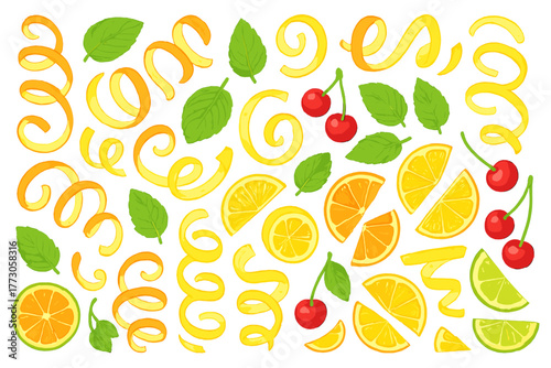 Bright and colorful illustration of citrus fruits, cherries, and leaves arranged artistically on a white background