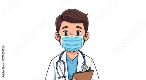 Cartoon doctor in a lab coat and surgical mask, holding a clipboard, prepared to help sick patients.