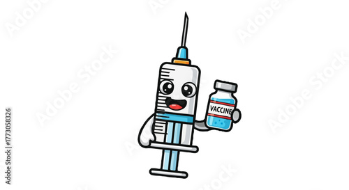 Cute cartoon syringe with a big smile, holding a vaccine bottle against a dark, plain background. Get Vaccinated!