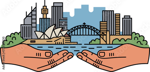 Sydney skyline with opera house and harbor bridge on hands in protective gesture
