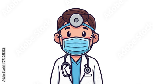 Cartoon doctor in lab coat and stethoscope wearing surgical mask. He is ready to take care of patients.