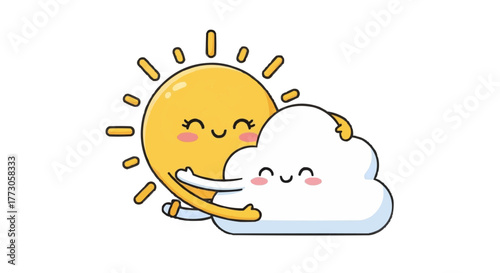 A cartoon sun affectionately embraces a happy cloud, illustrating friendship and the beauty of diverse weather conditions.