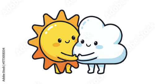 Cartoon image showing the sun hugging a cloud with smiles. The characters are cute and display affection and warmth.