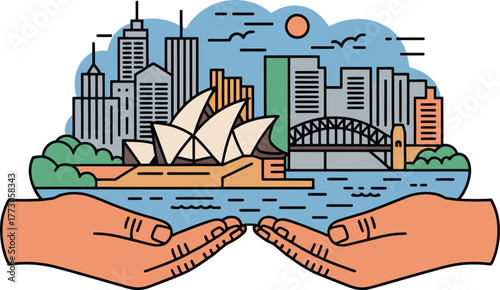 Sydney urban panorama with opera house and harbor bridge on hands under sunny sky