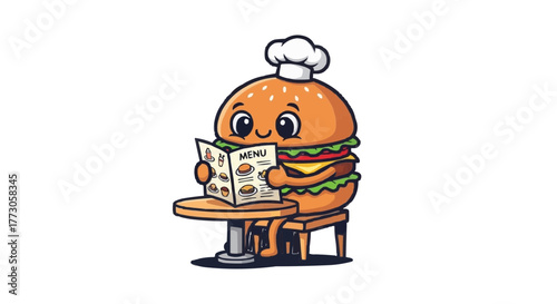 An animated burger character wearing a chef's hat sits at a table, carefully reading a menu with a joyful expression.