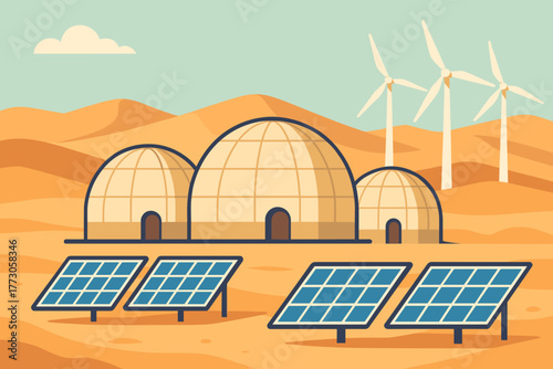 Renewable energy sources featured in a desert landscape with solar panels and wind turbines