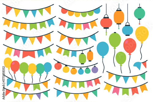 Colorful decorations featuring balloons, lanterns, and festive banners for a celebration in a vibrant setting