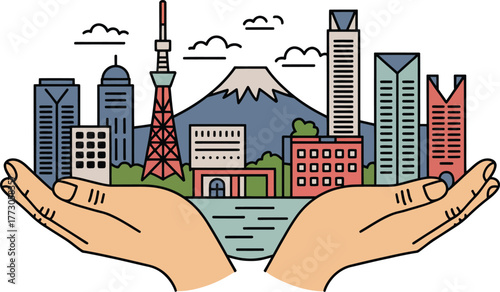 Tokyo cityscape and famous landmarks held by cupped hands showing urban life