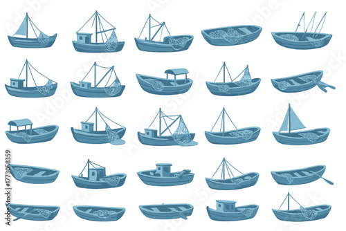 Collection of diverse small fishing boats in various styles and shapes displayed in blue color tones