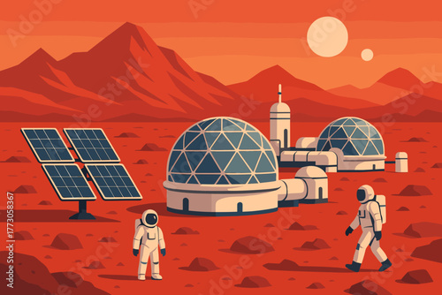 Martian landscape with astronauts exploring solar-powered habitat in red terrain at sunset
