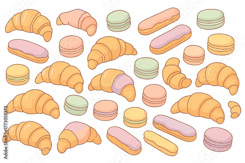 Delicious assortment of pastries featuring croissants and macarons in a colorful arrangement