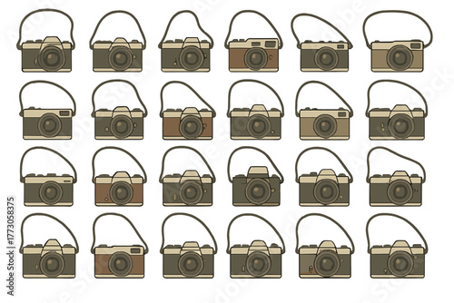 Collection of various classic cameras displayed in an organized pattern on a white background