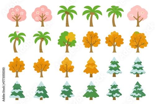 Colorful tree illustrations showcasing a variety of types and seasonal changes