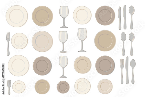 Table setting design with varied plates, glasses, and cutlery arranged in a simple pattern