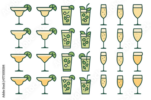 Various cocktail designs displayed in a grid, featuring different styles and colors for drinks and garnishes
