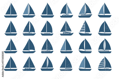 Sailboats in various designs and styles against a plain background for nautical-themed art and decoration