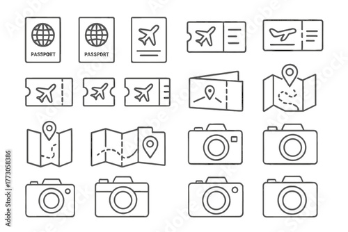 Travel essentials and planning tools displayed in simple line art layout for adventurers and explorers
