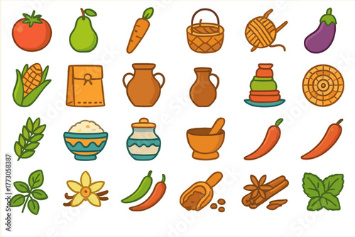 Colorful collection of food items and kitchen tools displayed in a vibrant design