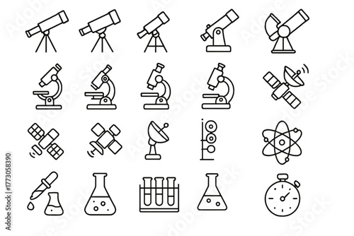 Collection of scientific instruments including telescopes, microscopes, and lab equipment for educational purposes