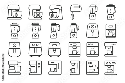 Various kitchen appliances including mixers, blenders, and coffee makers in a simple line drawing style
