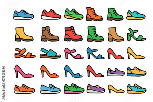 Collection of colorful shoe designs featuring various styles and types on a plain background