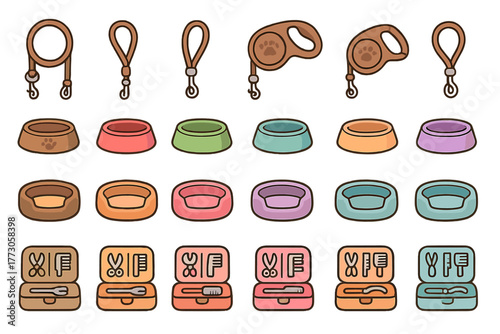 Pet accessories collection featuring leashes, bowls, and grooming items in a colorful design