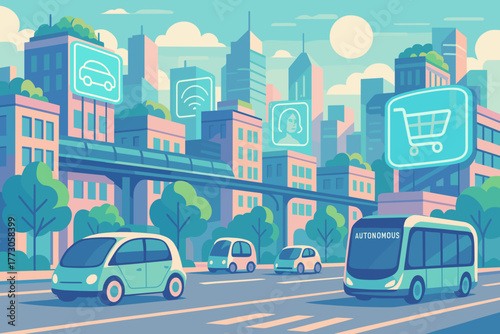 Modern urban scene with autonomous vehicles and digital displays in a busy city landscape